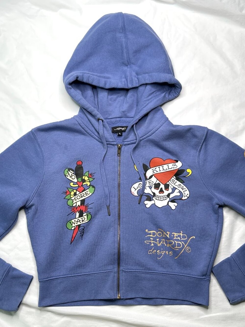 Ed Hardy Hoodie Womens XL Blue Love Kills Slowly Cropped Sweatshirt Full Zip Y2K